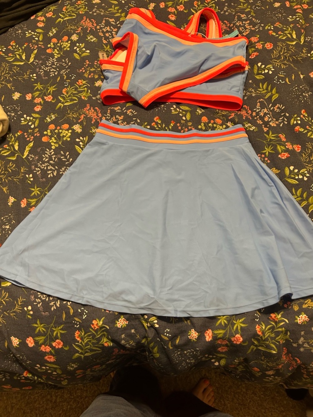 Blue High-Waist Two-Piece Swim Set with Coral Trim - Picture 6 of 8